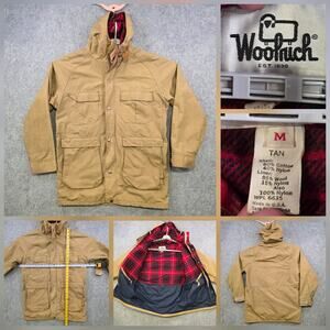 Vintage Woolrich Parka Coat Mens Medium Tan Hooded Wool Lined Made USA Hunting